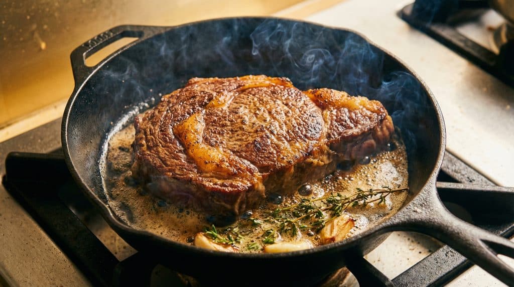 What Is Dry-Aged Beef? The CompleteAustralian Guide 6 A dry-aged scotch fillet in a cast iron pan with a thick golden-brown sear, butter and fresh thyme in the pan, smoke rising