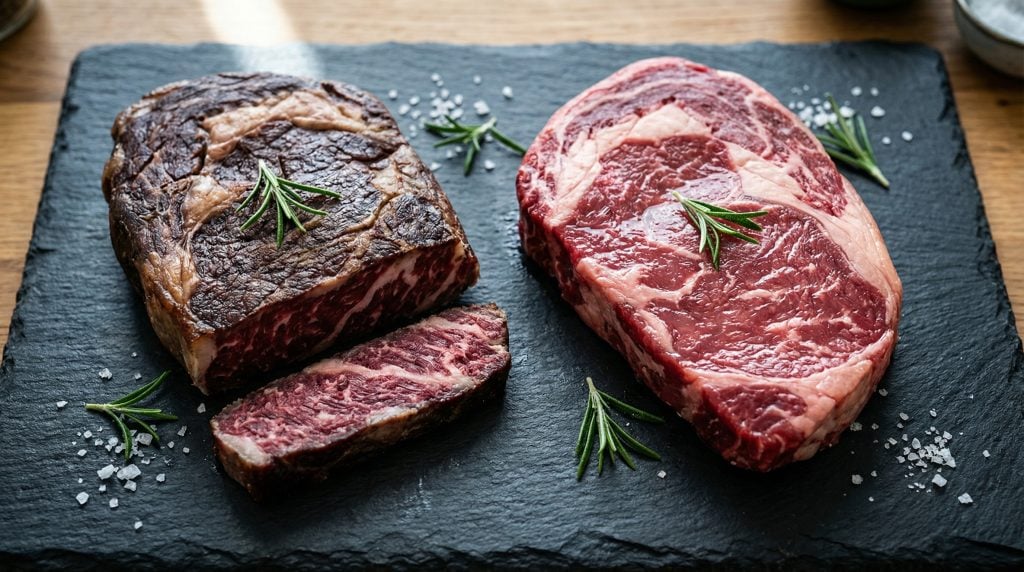 What Is Dry-Aged Beef? The CompleteAustralian Guide 2 A deep mahogany dry-aged ribeye next to a bright red wet-aged steak, showing the dramatic colour contrast between the two ageing methods