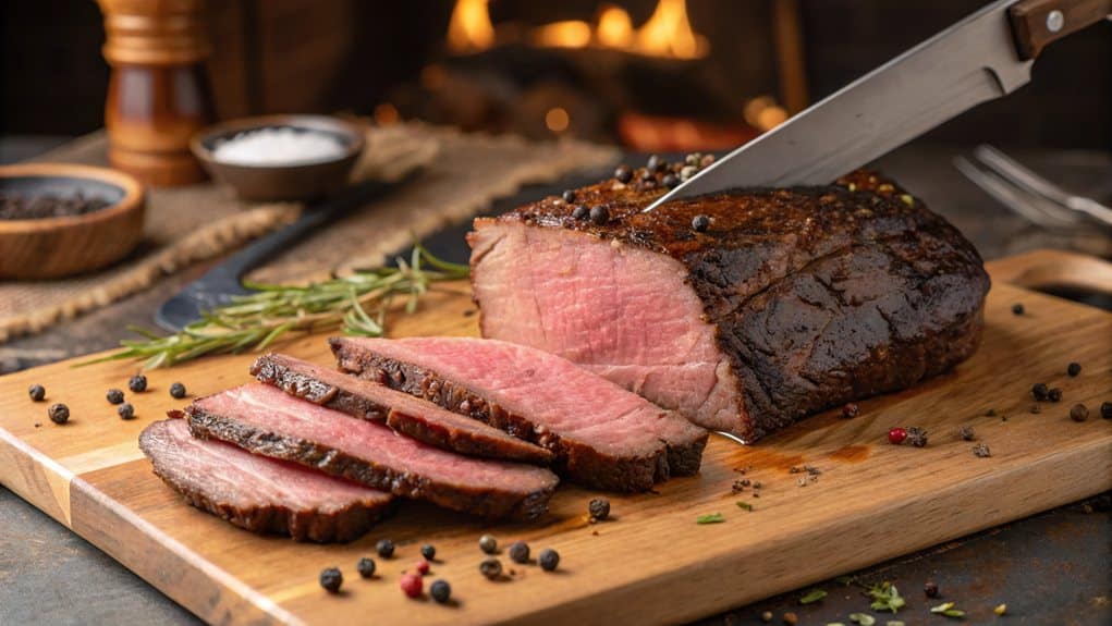 How to Cook the Perfect Beef Brisket in Your Oven (No Smoker Required!) 2 a piece of brisket with a knife on a cutting board