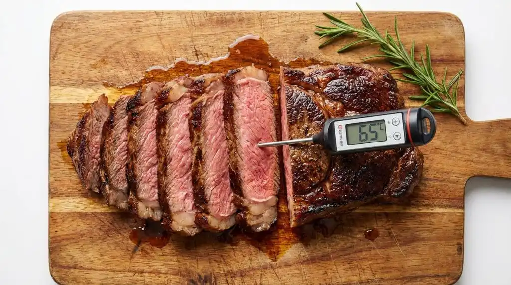 Sliced steak with meat thermometer inserted.