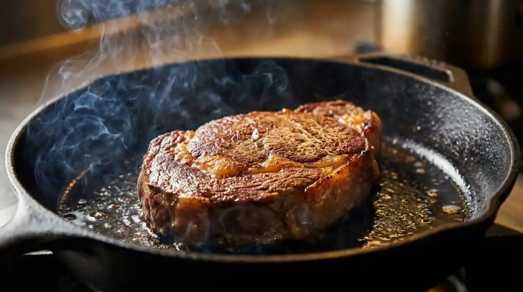 Sizzling steak in a frying pan