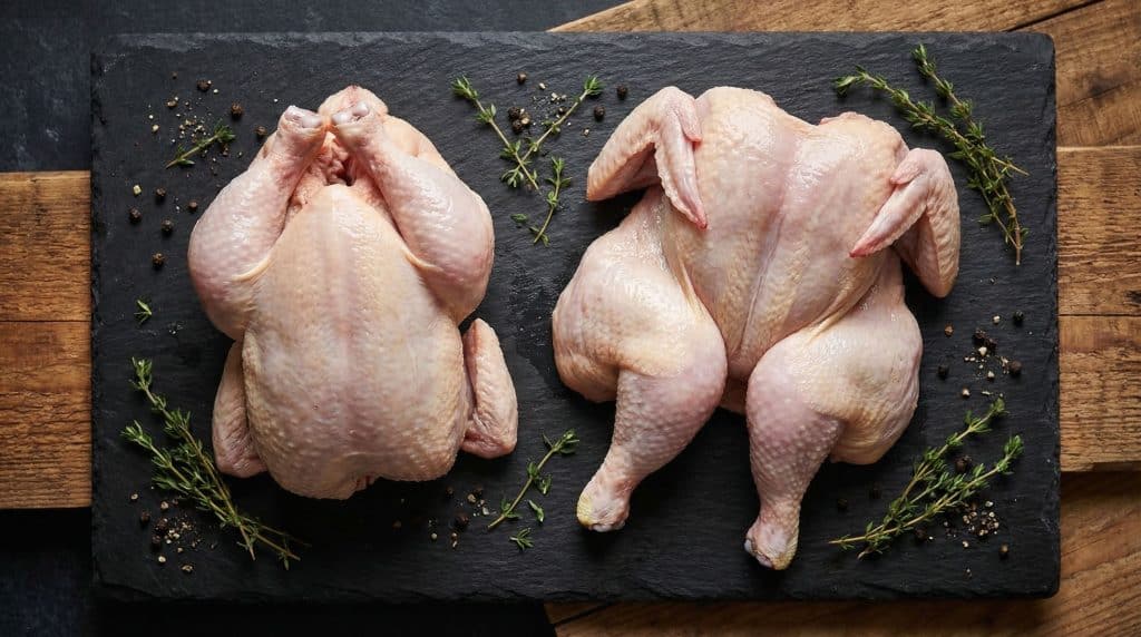 What Is Spatchcock? Australia's Answer to Cornish Game Hen 2 A side-by-side comparison showing spatchcock as a whole young bird on one side and a butterflied chicken laid flat representing the spatchcock cooking technique on the other side
