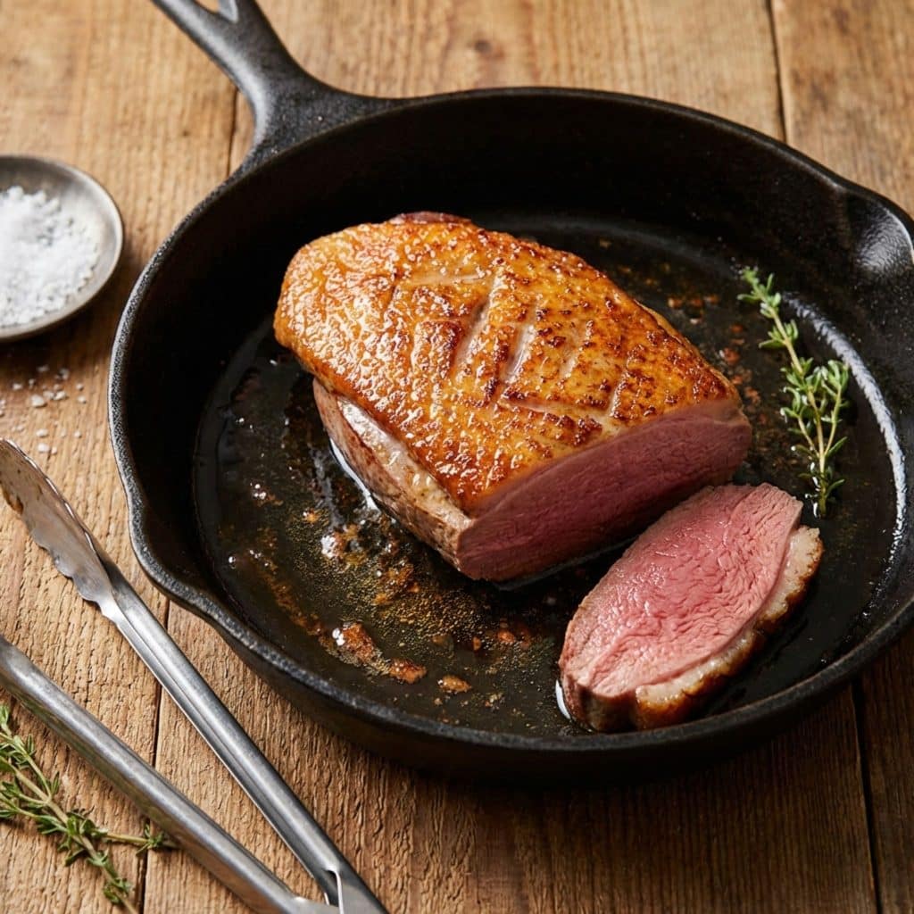 Cooked duck breast in skillet