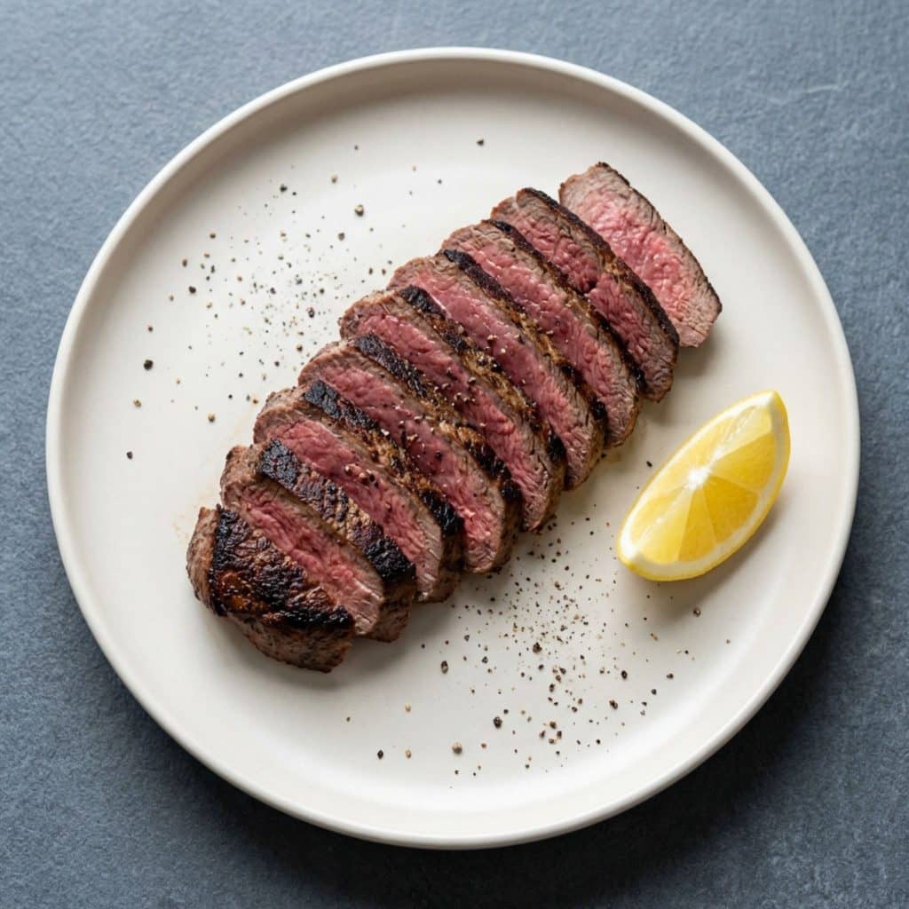 Sliced kangaroo steak with lemon