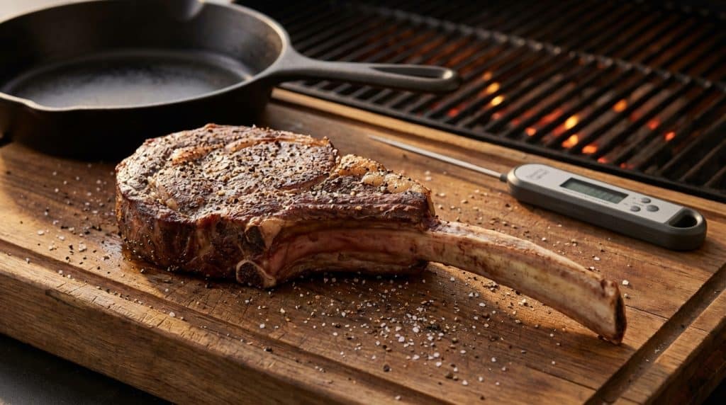 Cooked tomahawk steak on wooden board
