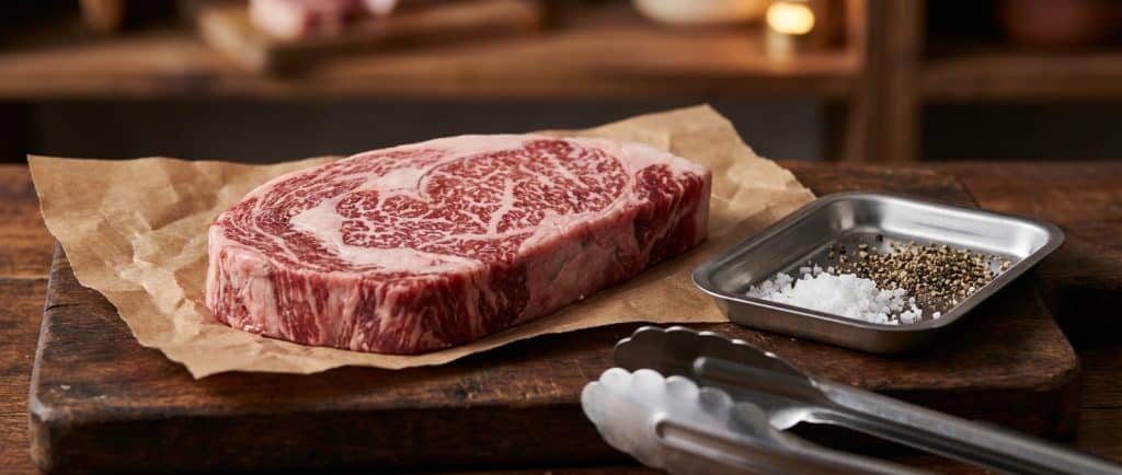 Raw marbled Wagyu steak on parchment