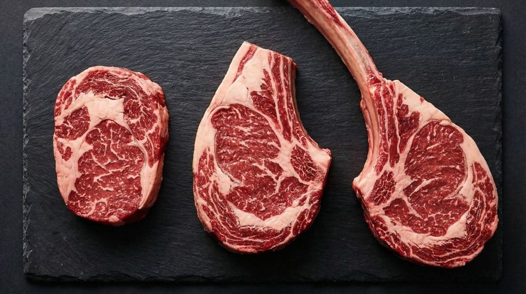 Three cuts of marbled beef steak