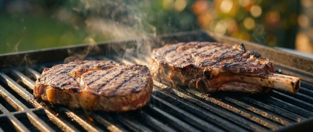 Scotch fillet and bone-in ribeye steaks cooking on a hot BBQ grill with char marks and steam rising