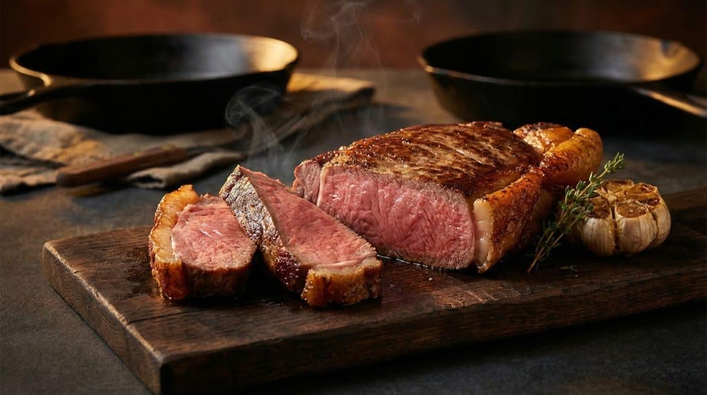 What Is Sirloin Steak in Australia? Sirloin, Porterhouse & New York — Explained 2 Sirloin steak sliced on a wooden board showing medium-rare doneness, with a cross-section revealing the pink, juicy interior characteristic of perfectly cooked Australian porterhouse