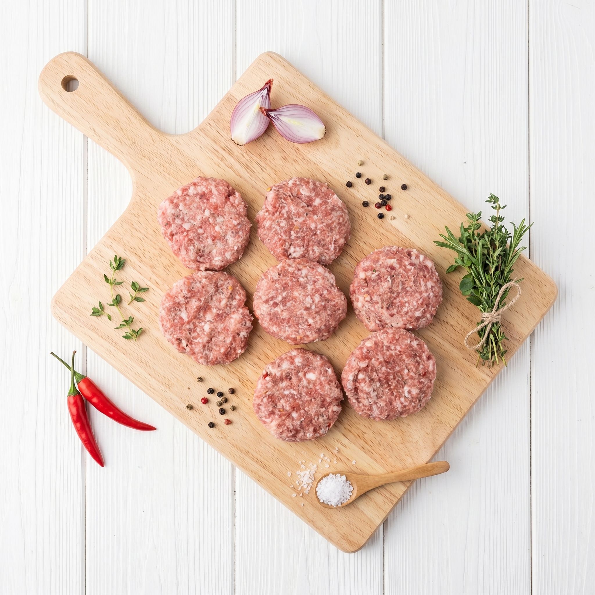 Breakfast Sausage Patties 3 Raw breakfast sausage patties on a board