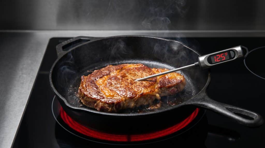 Steak cooking with thermometer inserted.