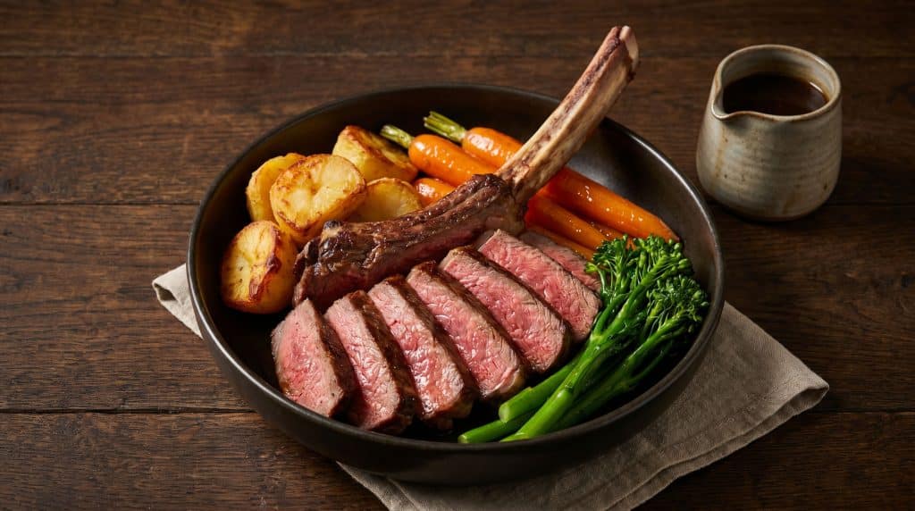 Cattleman's Cutlet: The Mini Roast Beef Meal for One 8 A finished cattleman's cutlet sliced to medium-rare and plated with roast potatoes, honey-glazed carrots, broccolini and a small jug of pan gravy — a complete mini roast beef dinner for one.