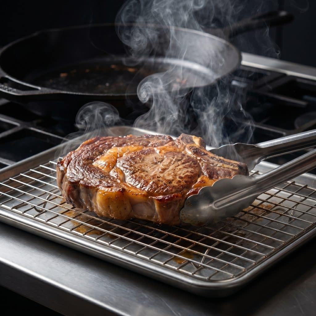 Juicy steak resting on cooling rack.