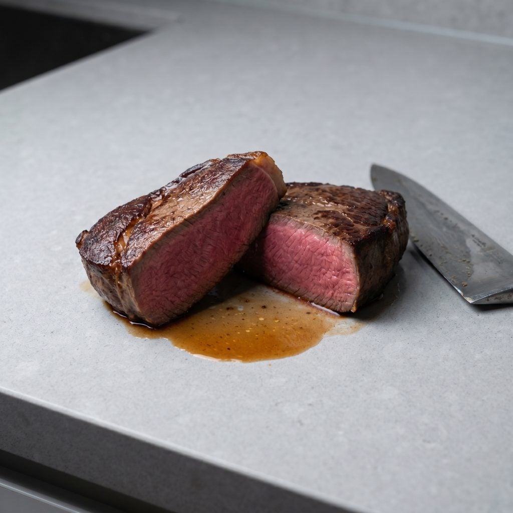 Juicy steak, perfectly cooked and sliced.