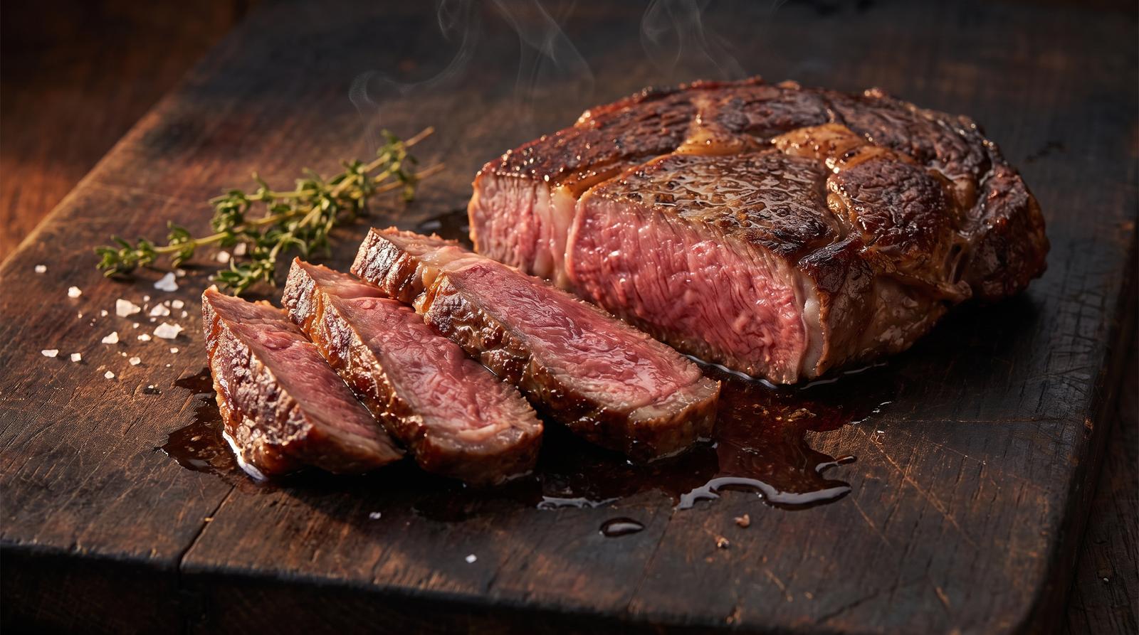 Angus Beef Guide: What Makes It Australia's Top Breed 1 Rested Angus scotch fillet steak sliced open on a timber board revealing a pink medium-rare interior