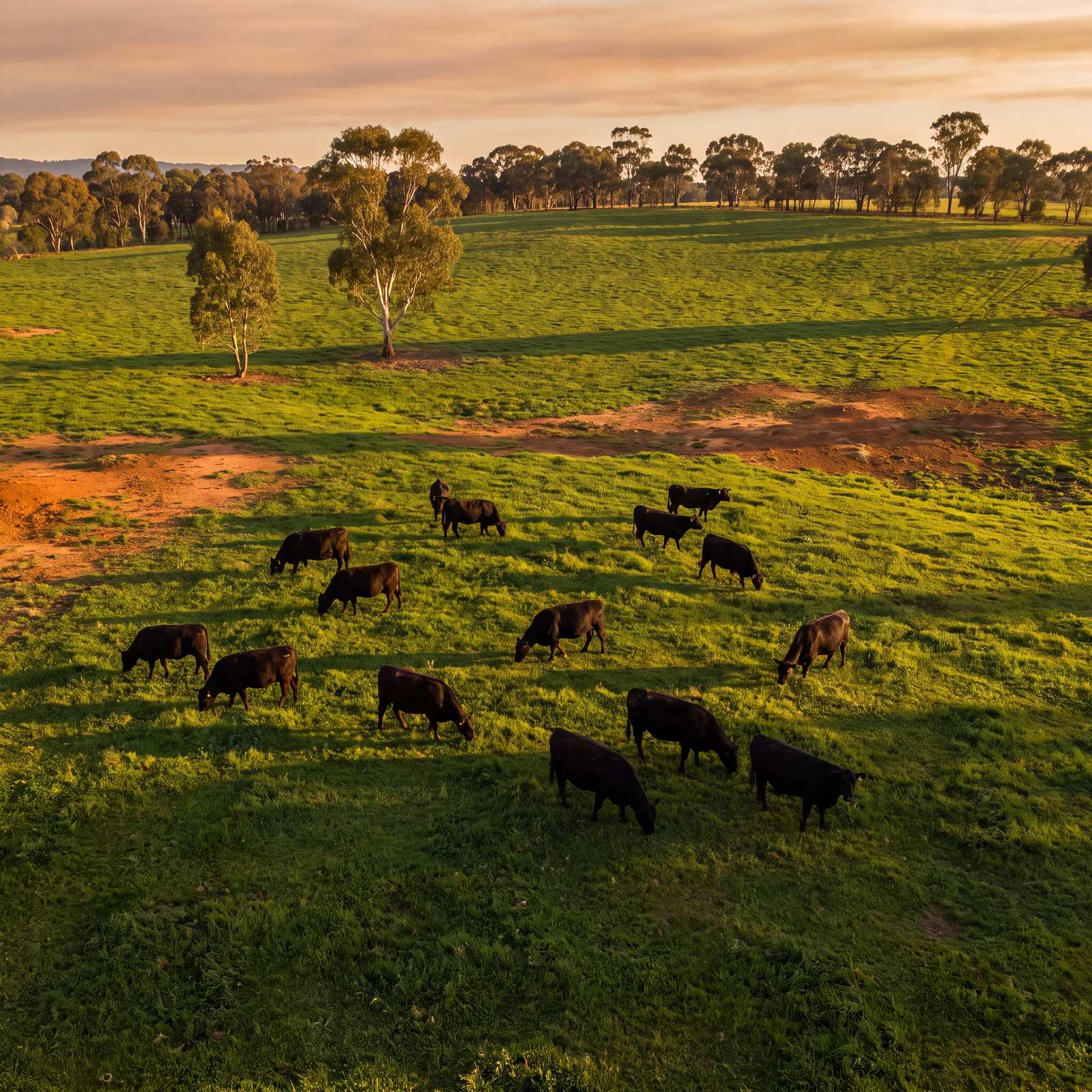 Grass-Fed vs Grain-Fed: How Australia and the US Do Beef Differently 1 Black Angus beef cattle grazing on open green pasture at golden hour in rural Australia