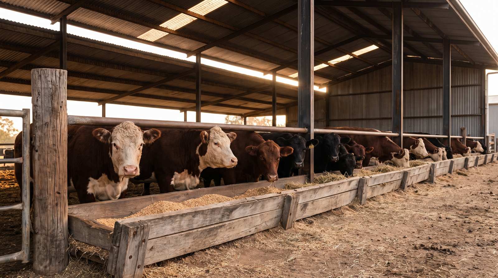 Grass-Fed vs Grain-Fed: How Australia and the US Do Beef Differently 2 Cattle standing at a feed bunk inside an Australian grain-finishing feedlot pen