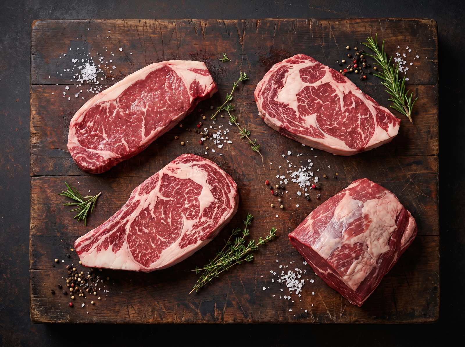 Grass-Fed vs Grain-Fed: How Australia and the US Do Beef Differently 12 Assorted raw beef cuts arranged on a butcher's timber block ready for retail display