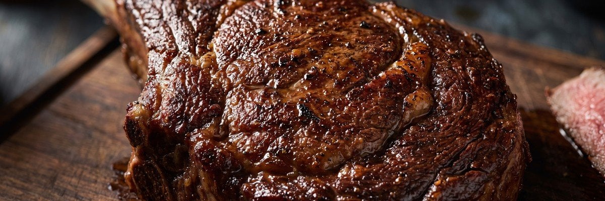 How to Reverse Sear a Tomahawk Steak: A 2026 Step-by-Step Guide 1 Extreme close-up of a reverse-seared tomahawk steak's crust, deep mahogany char giving way to a thin blush-pink edge