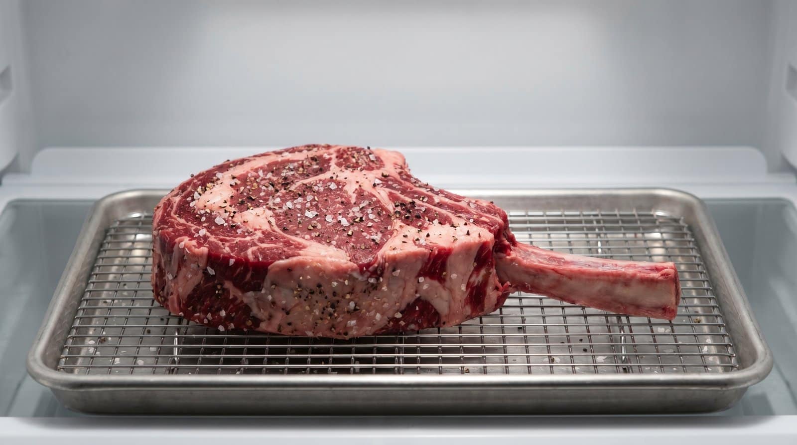 How to Reverse Sear a Tomahawk Steak: A 2026 Step-by-Step Guide 3 Raw grass-fed tomahawk steak on a wire rack with salt and pepper, ready for overnight dry brining in the refrigerator