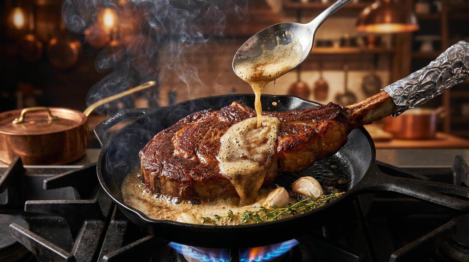 How to Reverse Sear a Tomahawk Steak: A 2026 Step-by-Step Guide 5 Grass-fed tomahawk steak searing in a cast iron skillet with foaming butter being spooned over, garlic cloves and fresh thyme visible in the pan