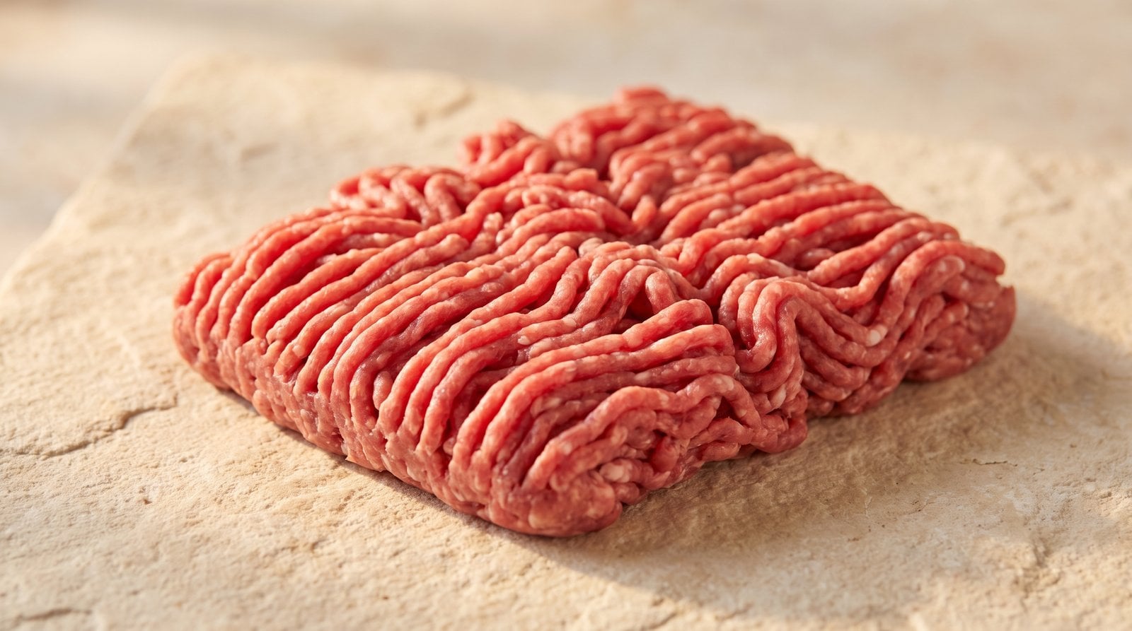 Beef mince loosened and spread out on a board, showing the natural pigment re-blooming to a redder colour after a few minutes of exposure to air