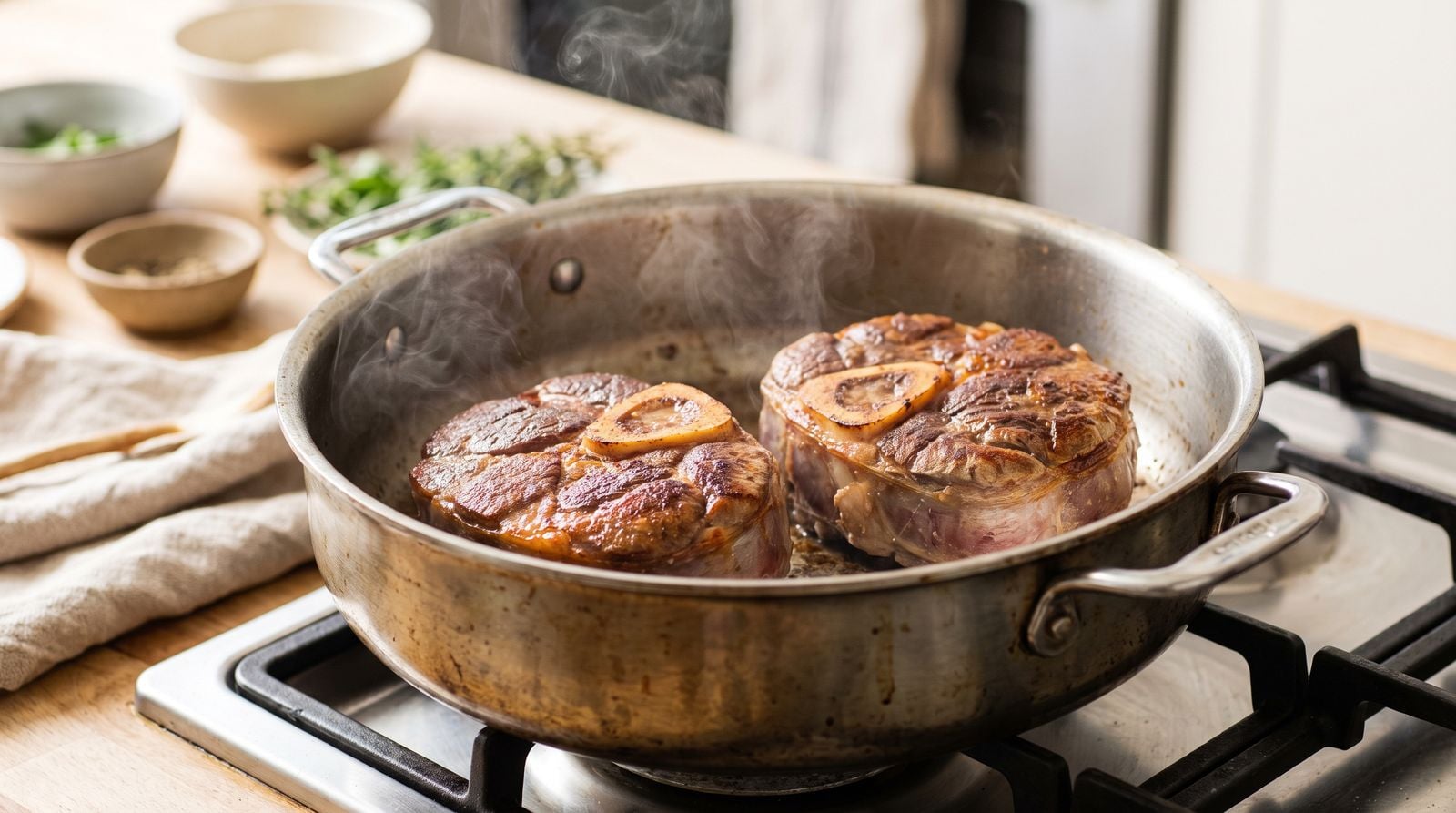 How to Cook Osso Bucco: A Butcher's Guide 1 Osso bucco shanks browning in a heavy pot on the stovetop, developing a deep crust before braising.