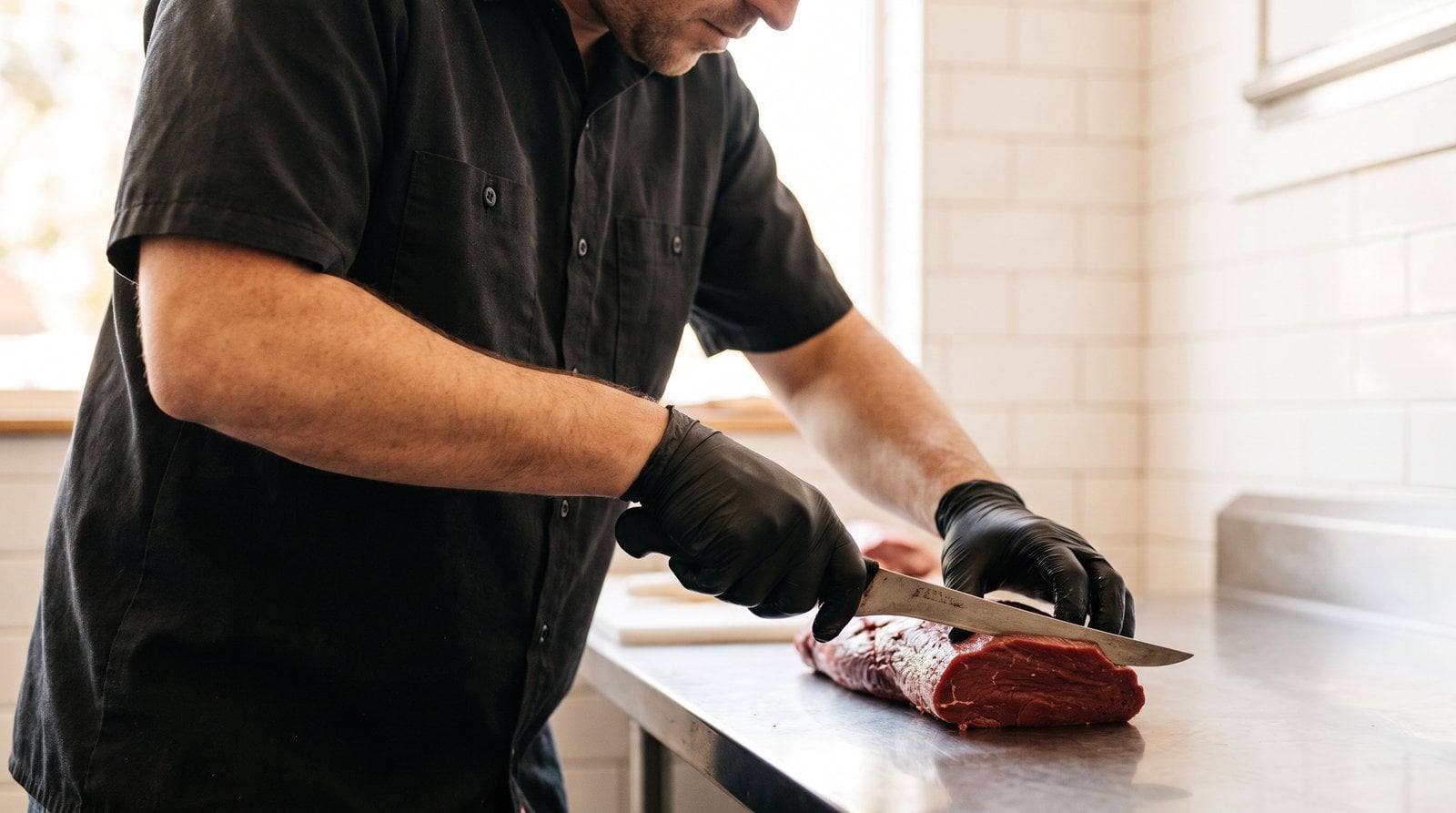 Best Lean Protein Meat Packs Sydney Shoppers Order in 2026 7 Butcher in black uniform and food-safe gloves hand-cutting a lean beef pack to order at the counter
