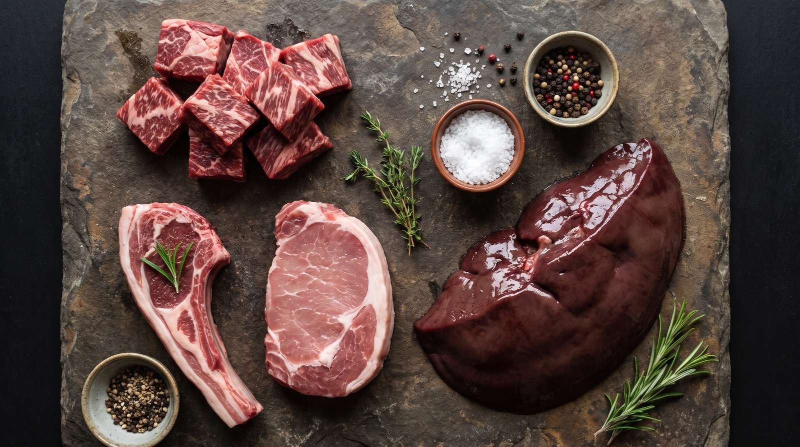 The Best Meat for Keto and Carnivore Diet Isn't Just Steak 3 Flat lay of beef, lamb, pork and organ meat cuts including liver, arranged together to show the range of meats used on a carnivore diet