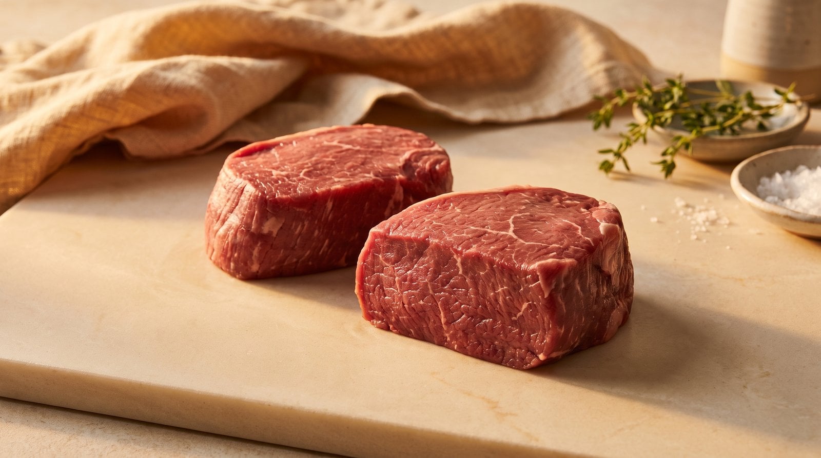 Raw eye fillet steak cut into individual portions on a butcher's board, showing its fine grain and minimal marbling