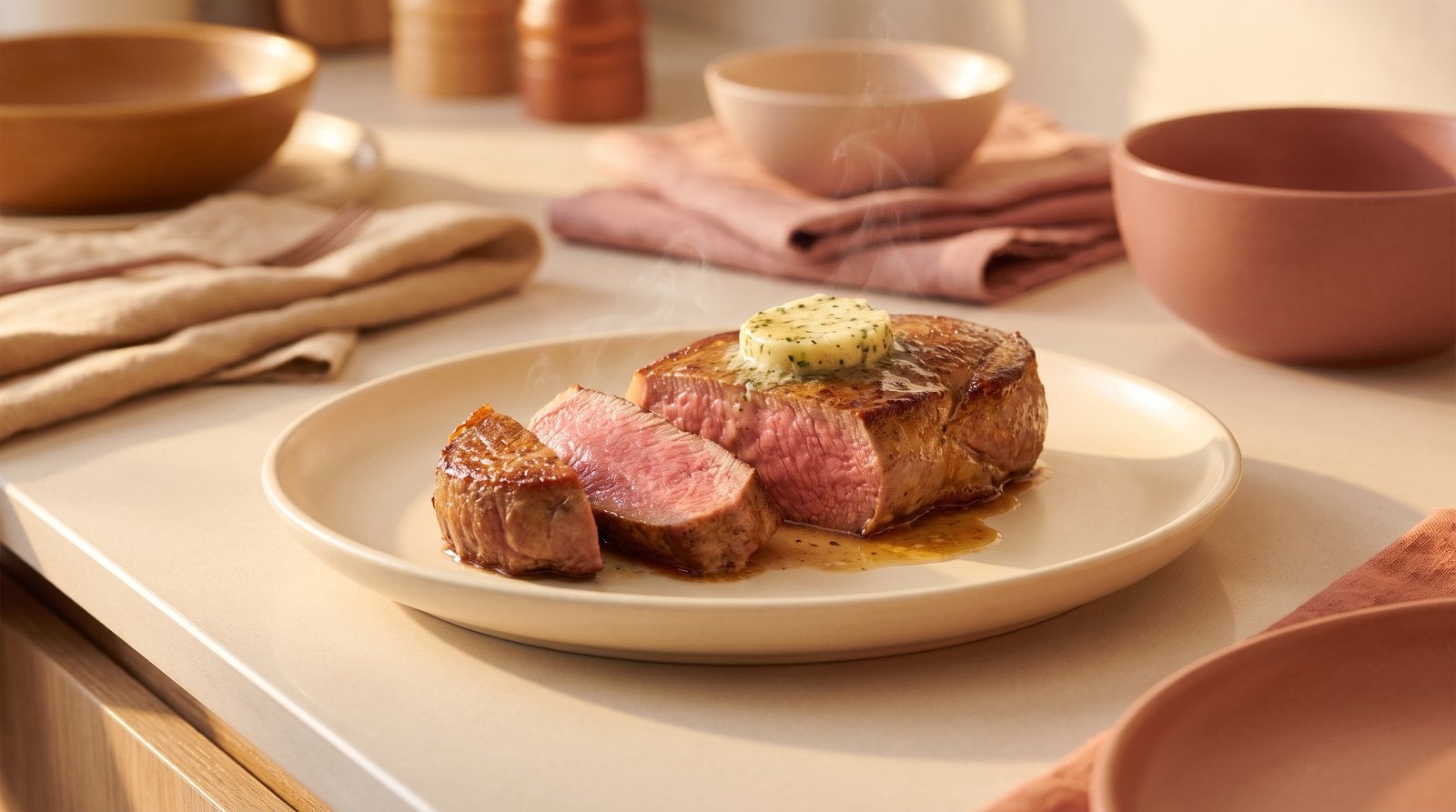 Pan-seared eye fillet steak sliced open to show a medium-rare pink centre, resting on a warm plate
