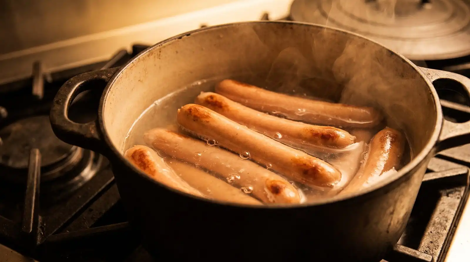 4 Ways to Cook Frankfurts (Ranked by a Butcher) 1 Frankfurts simmering gently in a pot of water on the stovetop, small bubbles just breaking the surface