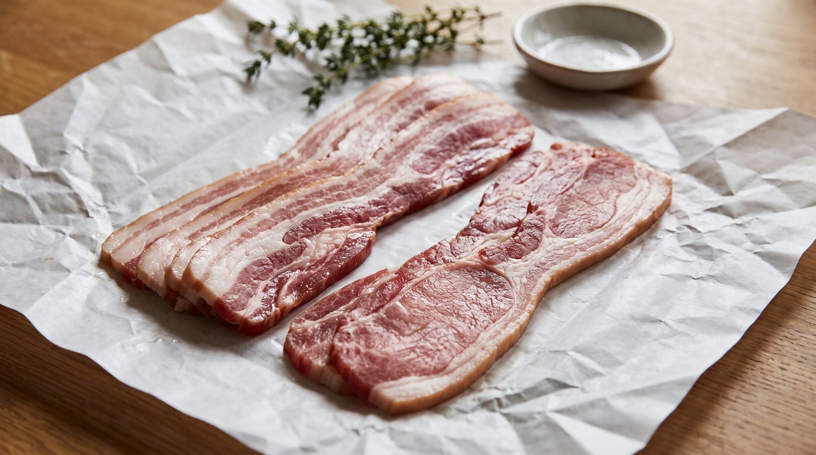 Streaky and shortcut bacon rashers side by side on butcher's paper, showing the difference in fat marbling between the two cuts