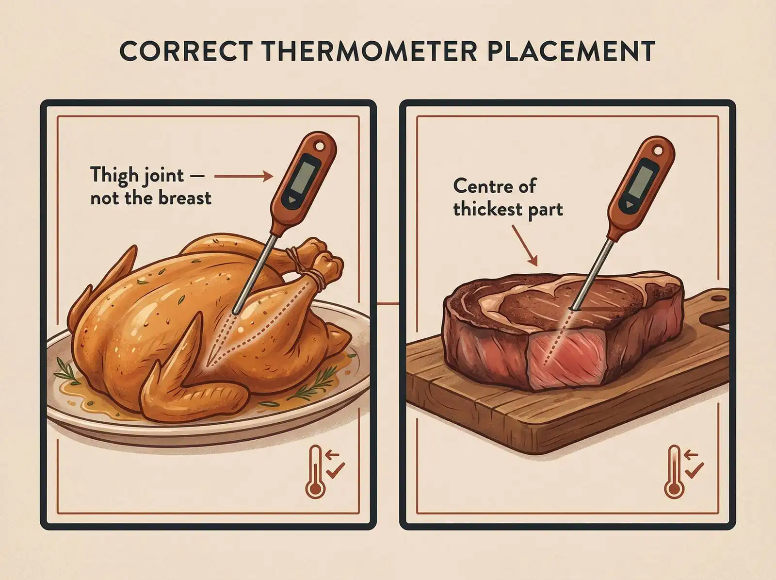 Diagram showing correct meat thermometer probe placement — thigh joint for whole chicken, horizontal centre insertion for steaks