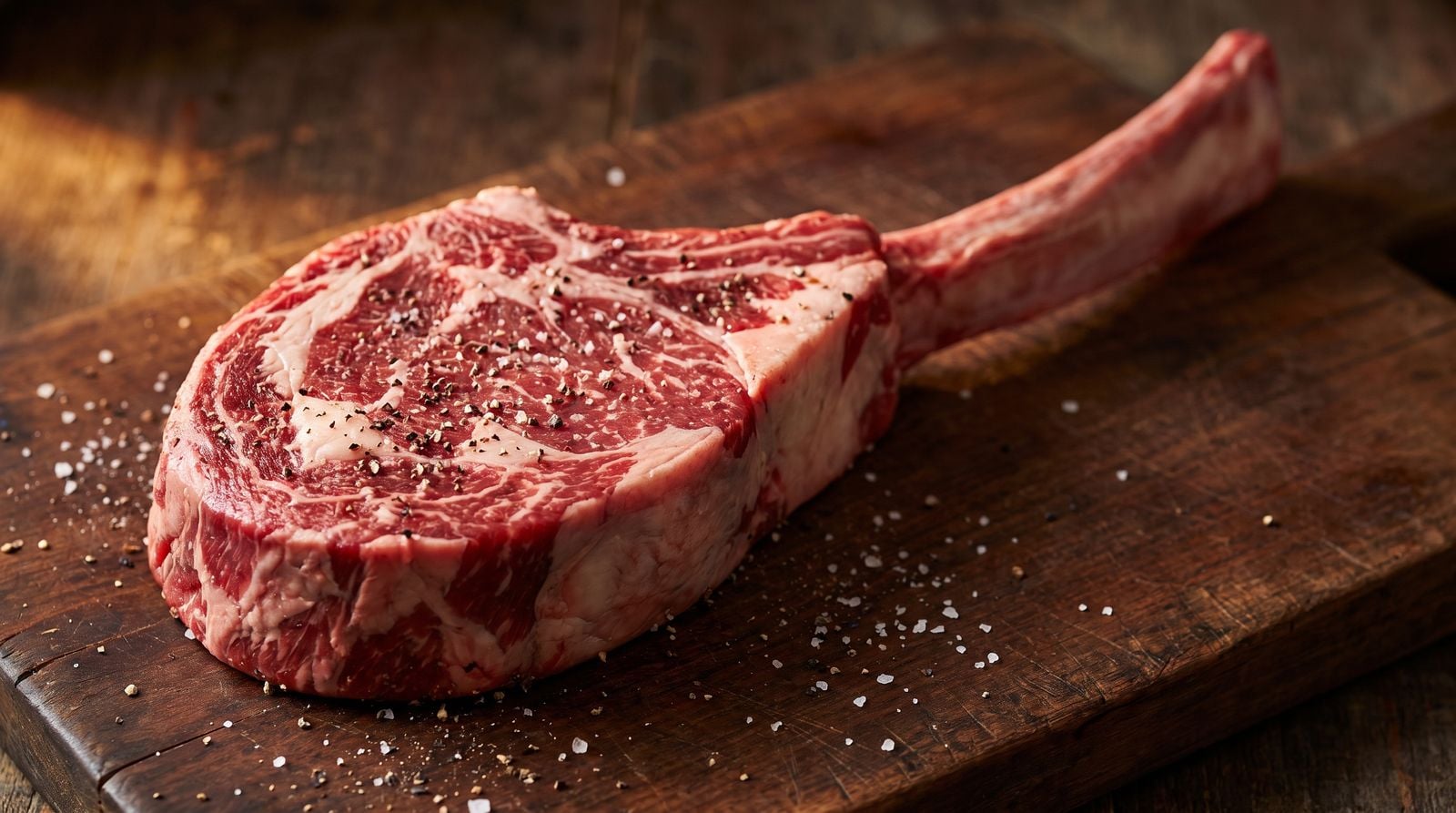 Raw tomahawk steak with its long rib bone resting on a dark timber board before being bagged for sous vide