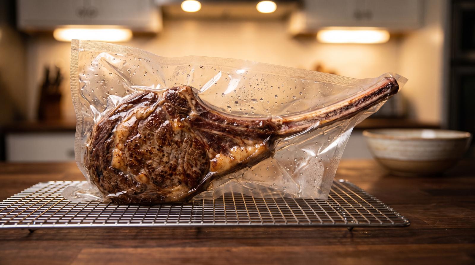 Sous vide tomahawk steak in a vacuum-sealed bag resting on a wire rack, patted dry and ready for searing