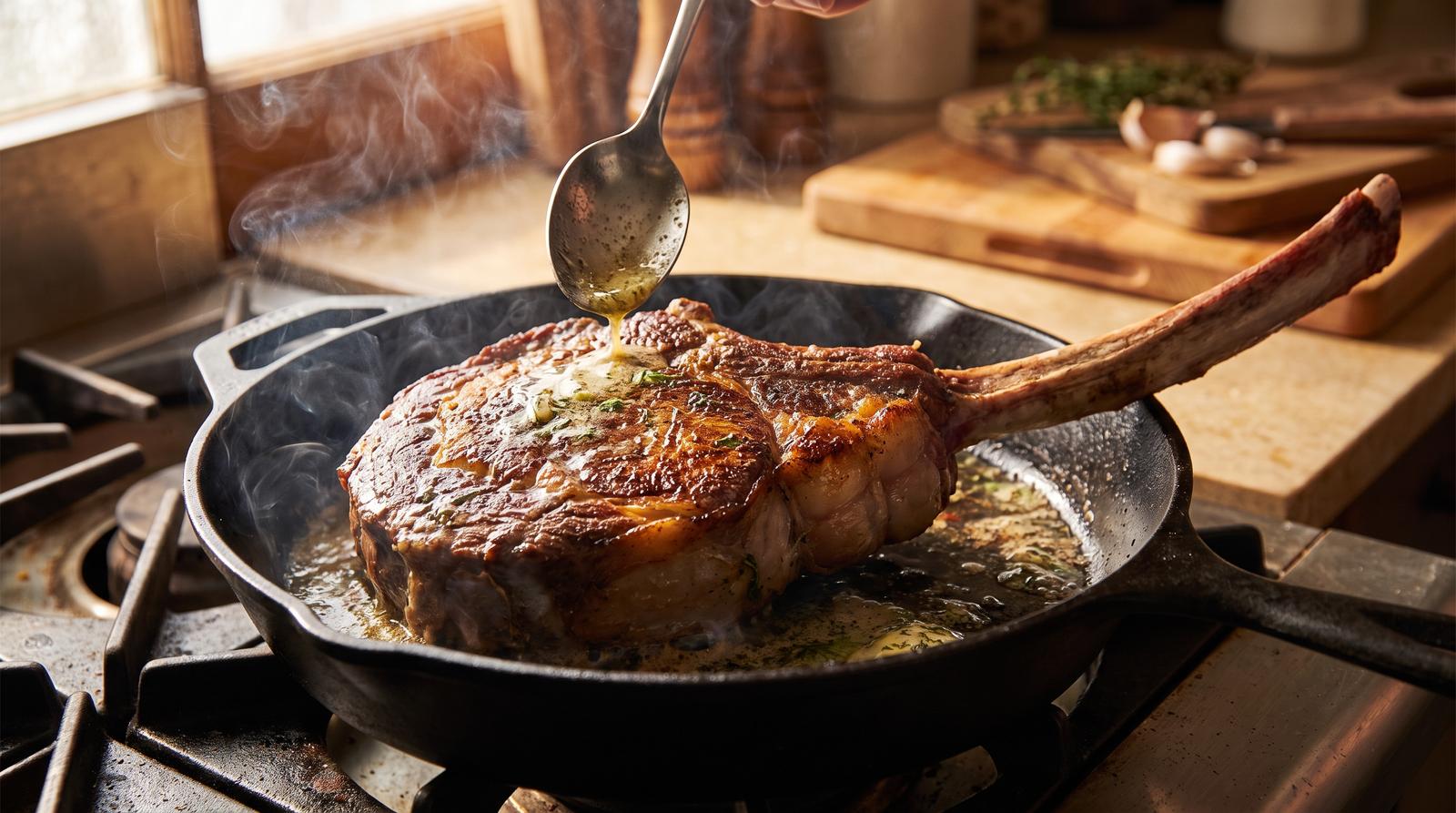 Tomahawk steak searing in a cast iron pan with butter basting and rising steam, developing a deep brown crust