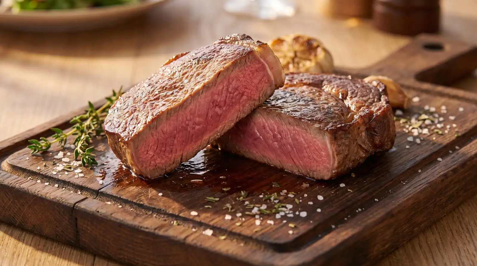 Cross-section of a medium-rare steak showing the pink centre reached at 52–55°C internal temperature