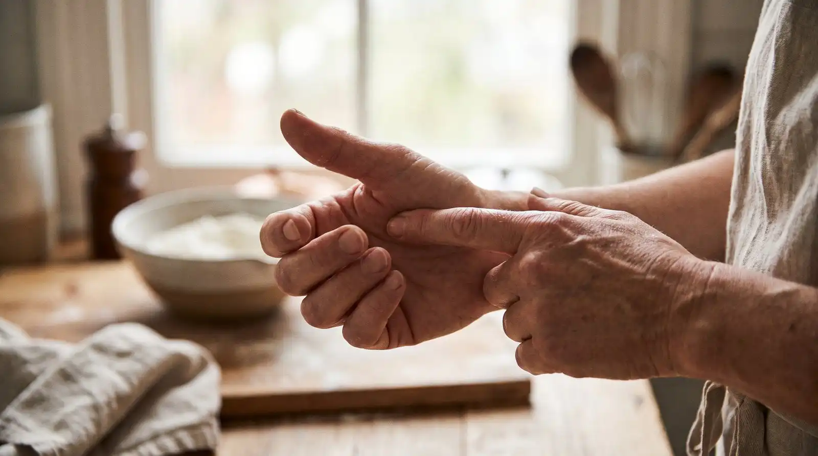 Hand demonstrating the thumb-to-finger doneness test used to check steak without a thermometer