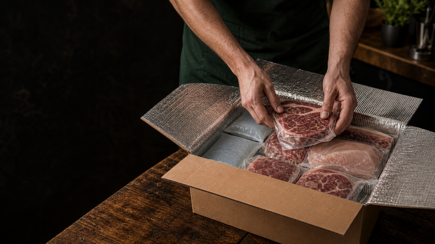 A butcher carefully packing vacuum-sealed meat into an insulated delivery carton