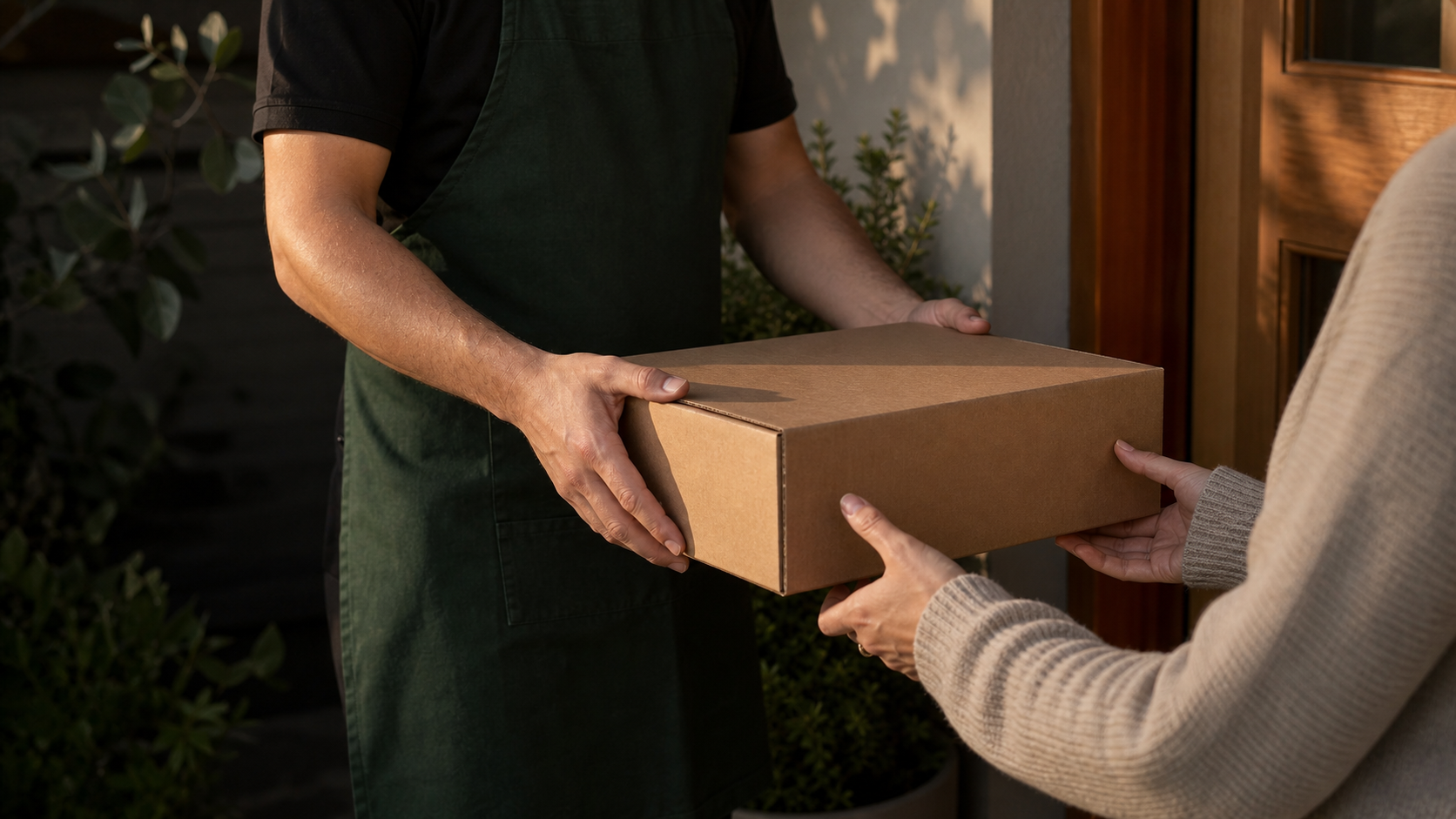 An insulated meat order being handed to a customer at their front door